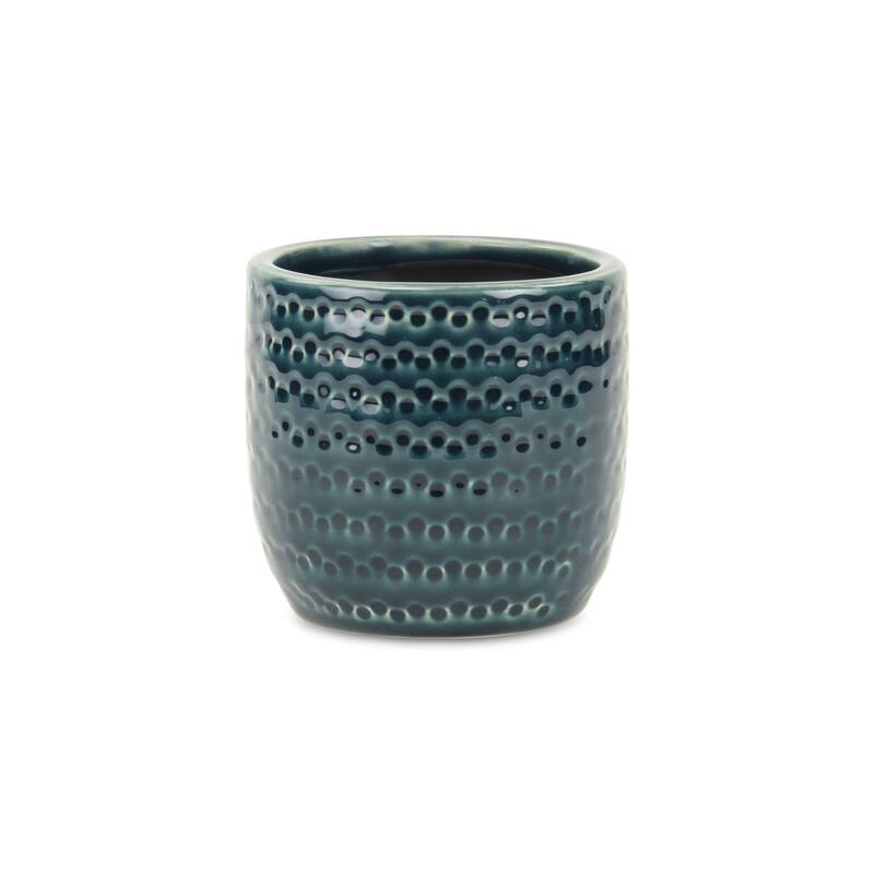 HomeRoots Teal Blue Ceramic 17 Ounce Dotted Round Distressed Pot Planter - 4.25 in. x 4.25 in. x 4.25 in.