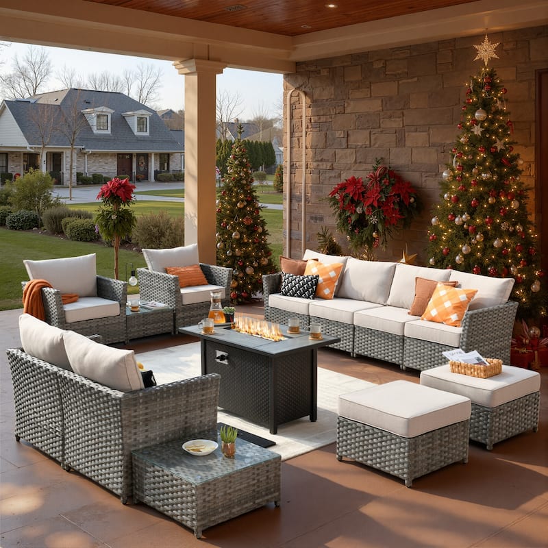 XIZZI 13-piece Outdoor Patio Wicker Furniture Set with Fire Table - Beige
