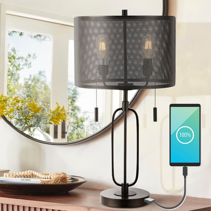 Asher 27" 2-Light Industrial Farmhouse Iron LED Table Lamp with USB Charging Port, Oil Rubbed Bronze by JONATHAN Y