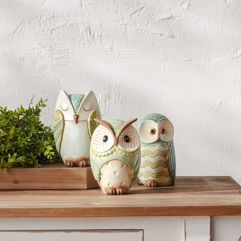 Set of 3 Green and Blue Owl Tabletop Figurines 7.25"