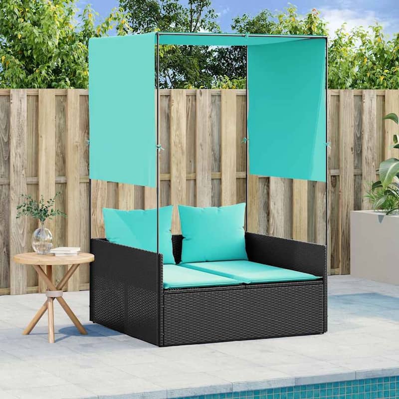 vidaXL Double Sun Lounger with Roof and Curtains Poly Rattan Brown/Gray/Black - 17.0 x 18.3 x 29.0 - Black