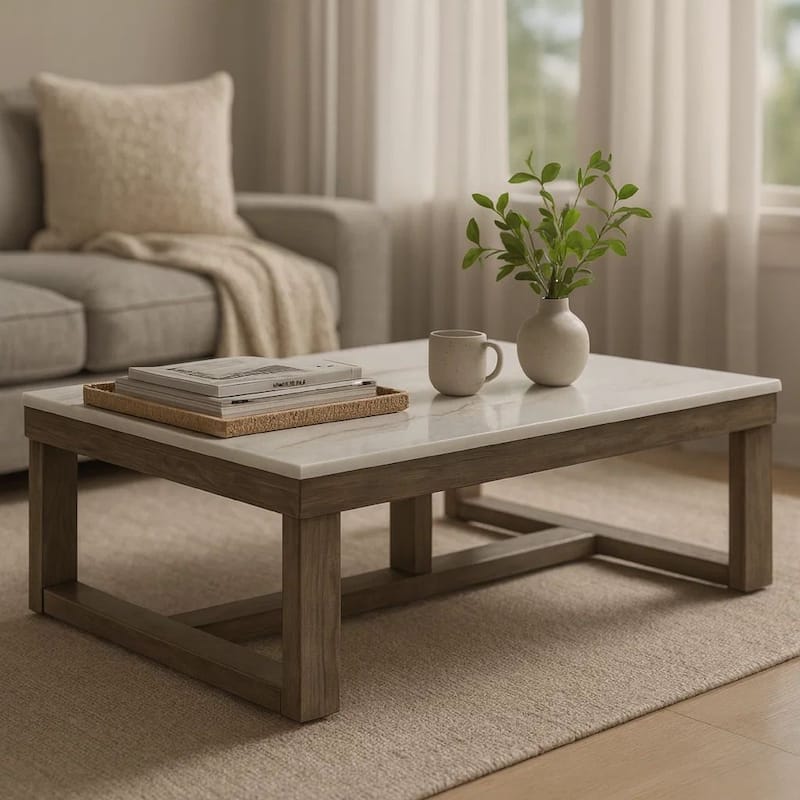 Aska Cocktail Coffee Table, Block Profile, Marble, 56 Inch Taupe Gray