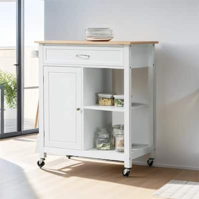 Kitchen Island Cart, Rolling Kitchen Island w/ Storage, Solid Wood Top