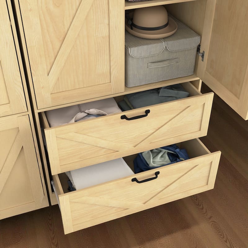 2-Door Wood Wardrobe with Hanging Rod Induction Light and 2 Drawers Bedroom Closet Storage Cabinet with Mirror