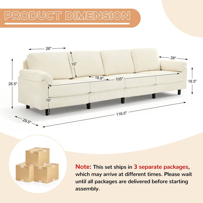 116.5" Modern Corduroy Upholstered Sectional Sofa Rectangle 4-Seater Sofa