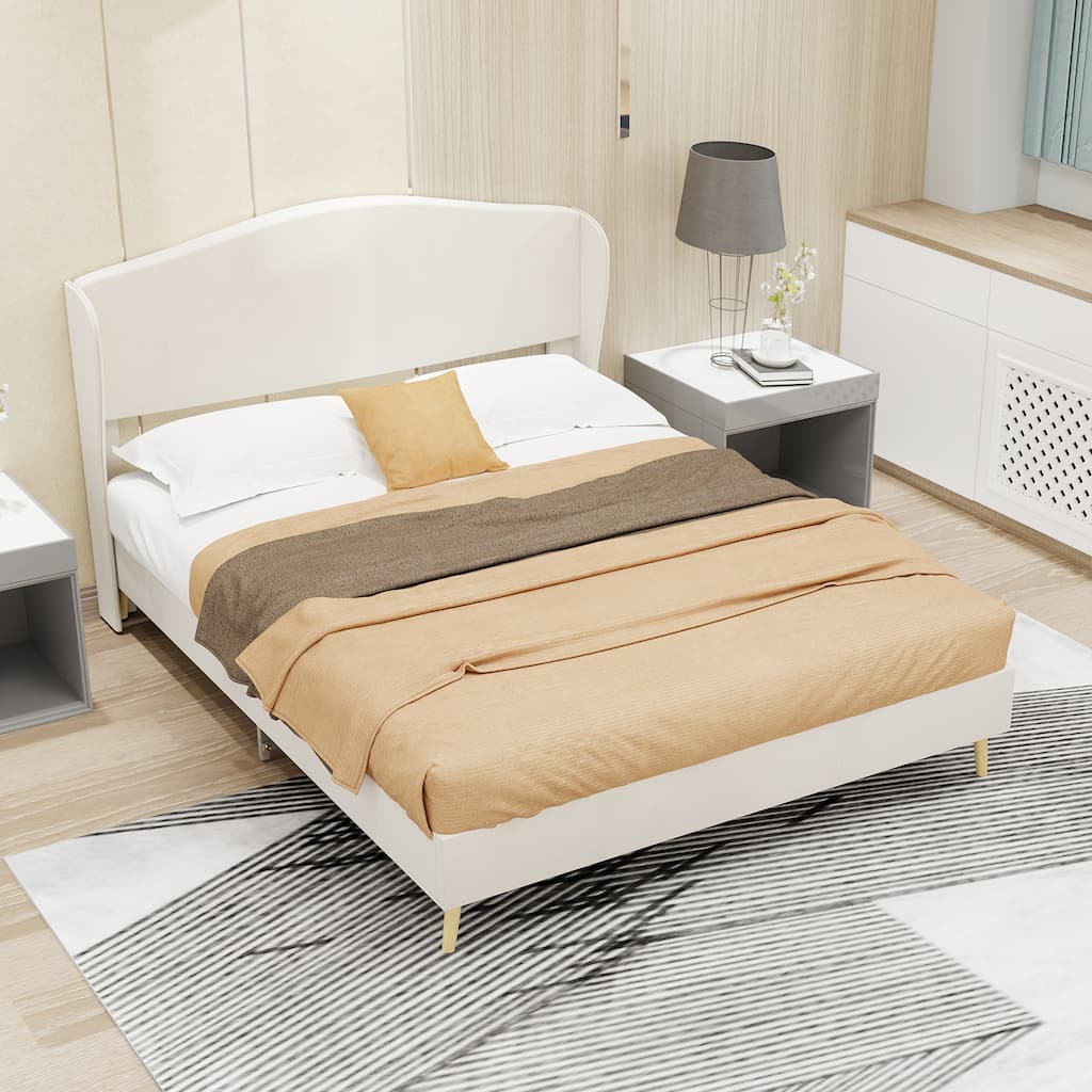Full Size Beige Upholstered Platform Bed Frame with Headboard for Bedroom