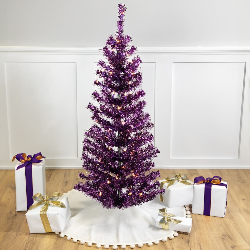 4' Purple Tinsel Artificial Christmas Tree- Clear Lights, Purple Wire - 4 Foot