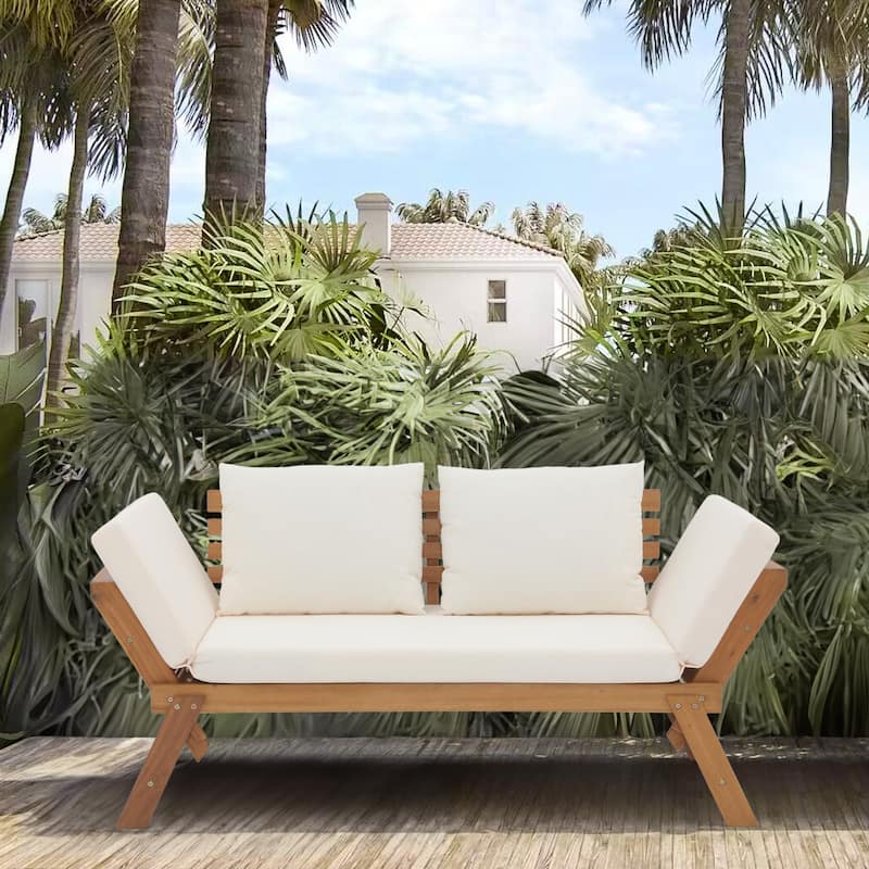 78" Outdoor Acacia Wood Expandable Daybed with Cushions Patio benches and Pool loungers - White
