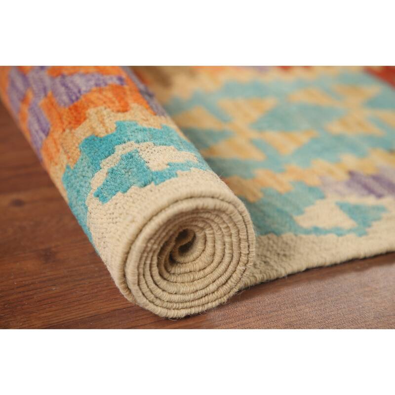 Hand Woven Oriental 100% Wool Carpet Southwestern All-Over Oranges & Rust Kilim Area Rug - 9' 5'' X 6' 7''