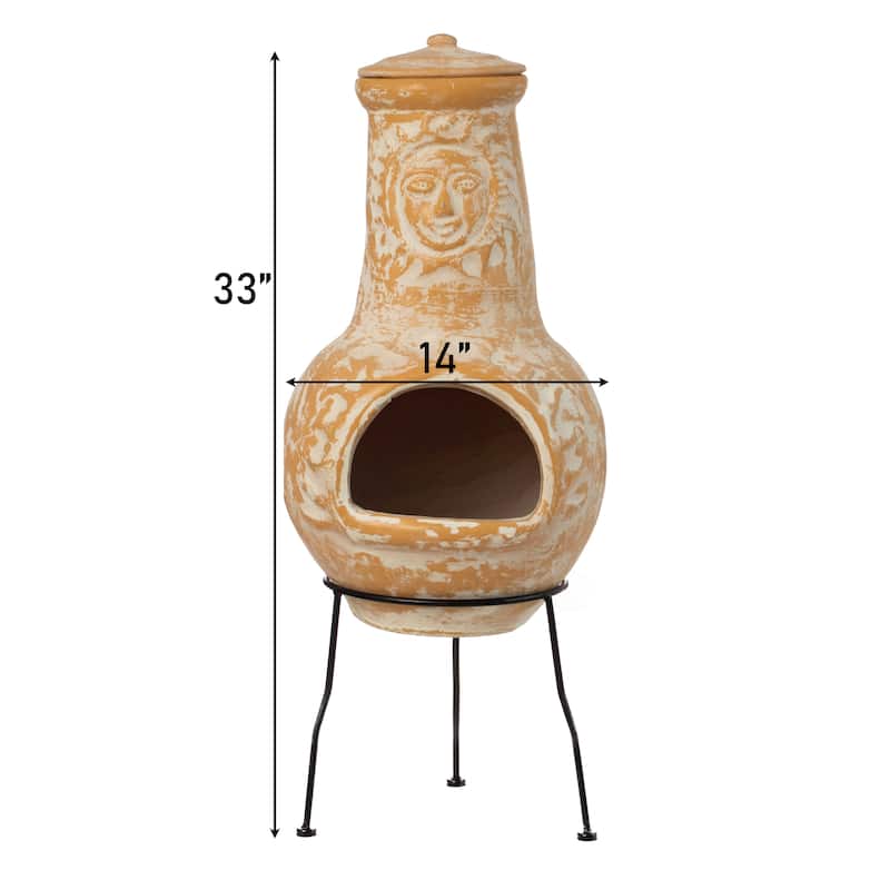Outdoor Clay Chiminea Fireplace Sun Design Wood Burning Fire Pit with Sturdy Metal Stand, Barbecue, Cocktail Party