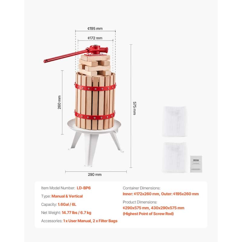 Natural Beech Wood Manual Fruit Wine Press for Fresh Juice Olive Oil and Cheese Extraction
