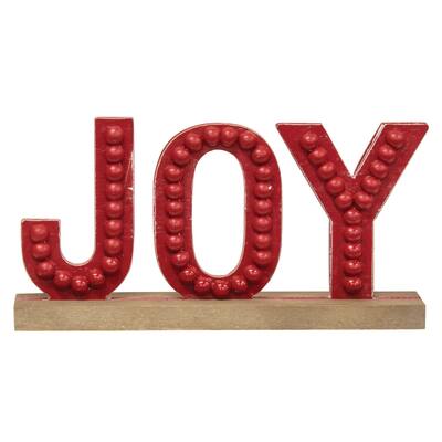 Distressed Beaded Wooden Joy Sign on Base