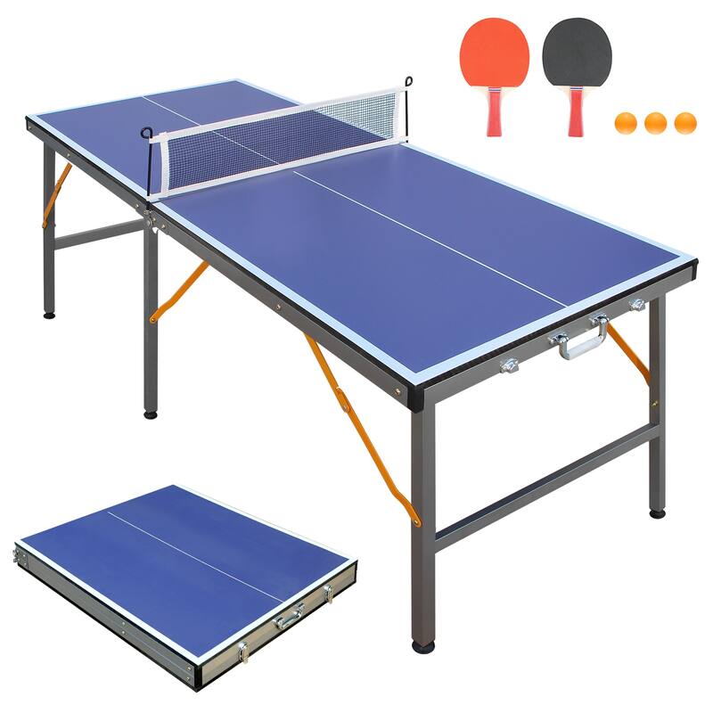 Roomfitters 5ft Table Tennis Table, Foldable & Portable, Net, 2 Paddles and 3 Balls, Indoor Ping Pong Game, Blue