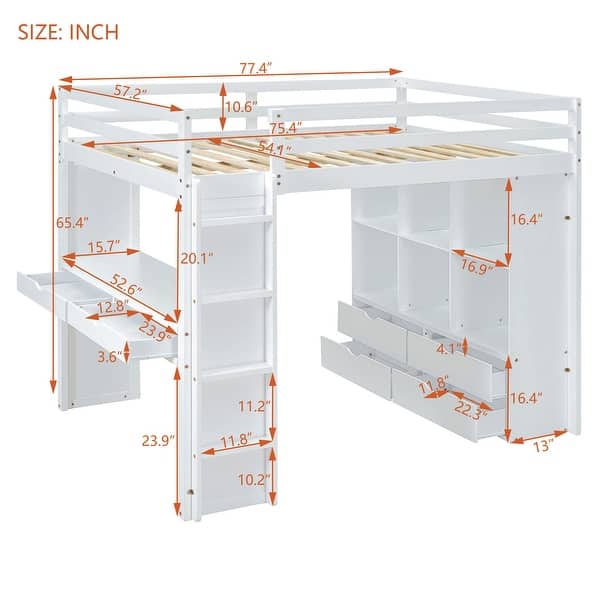 White Full Size Solid Wood Loft Bed with large shelves, writing desk and LED Light for Bedroom