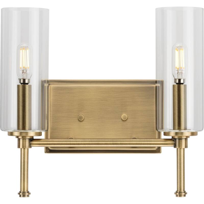Elara Collection Two-Light Vintage Brass Clear Glass Bath Vanity Light - 12.5 in x 5.12 in x 11.5 in