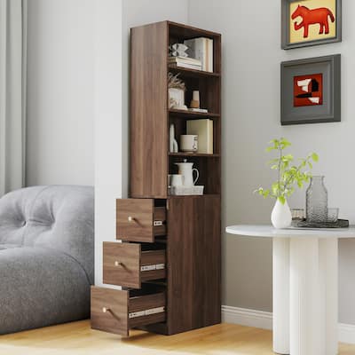 70.87"H Display & Storage Cabinet – 4-Tier Shelves, 3 Side Drawers, Modern Wooden Tall Bookcase for Living Room, Home Office