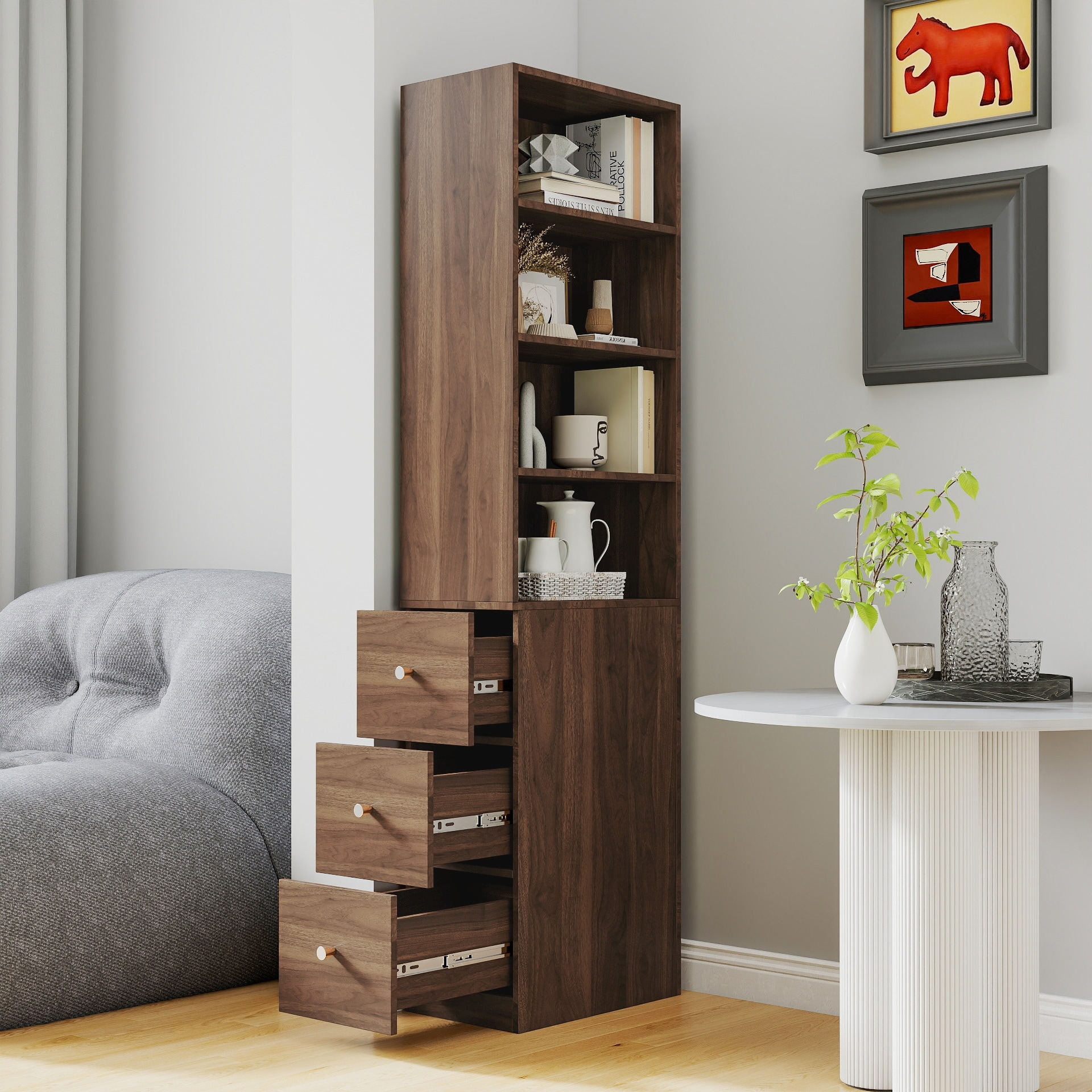 70.87 inch H Display Storage Cabinet 4 Tier Shelf 3 Side Drawers Modern Wooden Tall Bookshelf Living Room