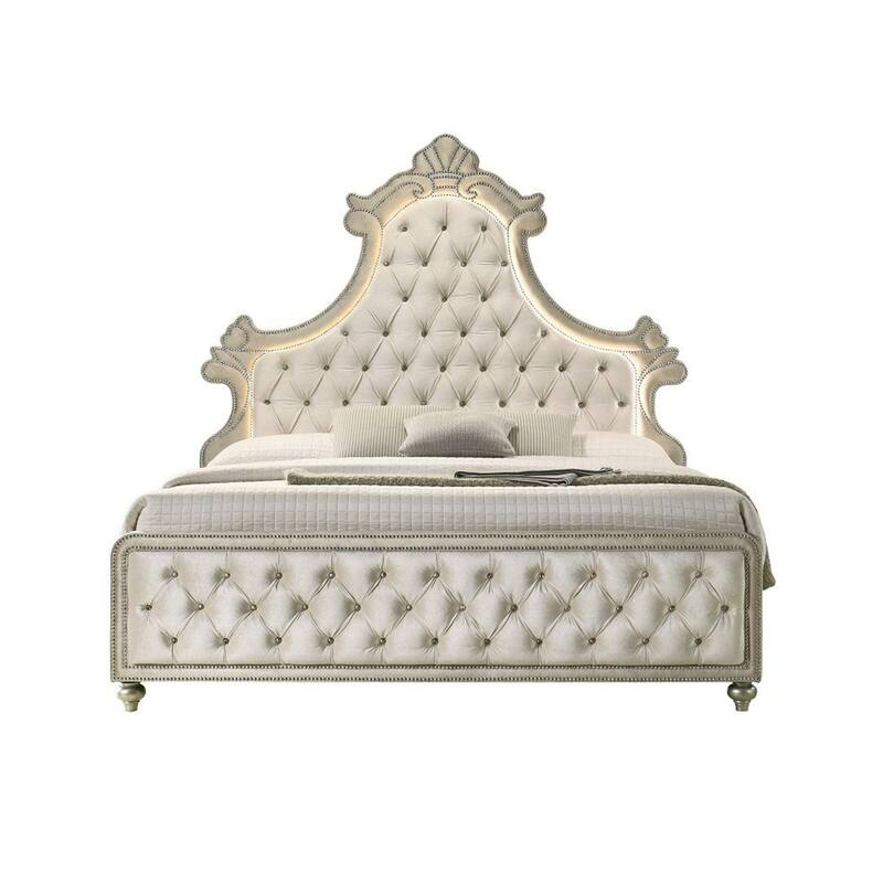 Velvet Upholstered Eastern King Bed with LED in Beige