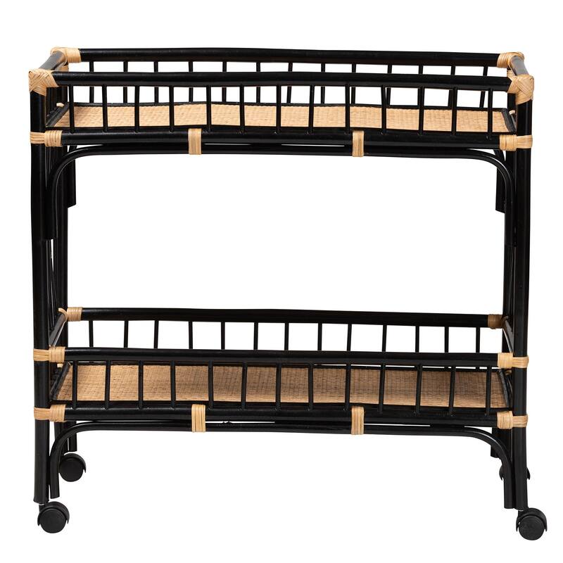 Dalinda Modern Bohemian Two-Tone Black and Natural Brown Rattan 2-Tier Kitchen Cart