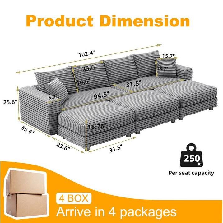 Modern Corduroy Upholstered Sectional Sofa for Living Room, Square Armrest Couch with 3 Ottomans, Convertible Lounge Chair