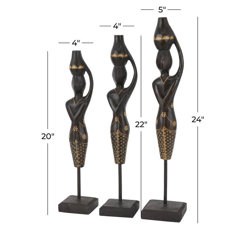 Wood Woman Standing African Sculpture with Baskets on Their Heads - Set of 3 Black - Roche River Decor