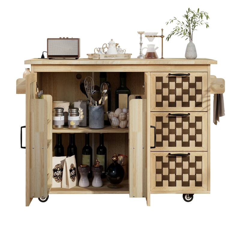 Woven Checkerboard Pattern Kitchen Island with Drop Leaf, Internal Storage Rack, 2 Cabinets & Power Outlet, Movable Kitchen Cart