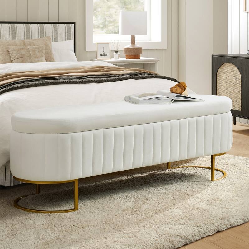 Sara Mid-Century Modern Upholstered Storage Bench Internal Grid With Metal Legs by HULALA HOME - Ivory