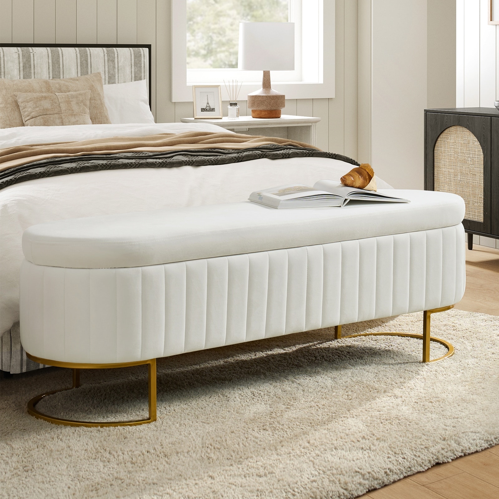 HULALA HOME Sara Mid-Century Modern Upholstered Storage Bench Internal Grid With Metal Legs