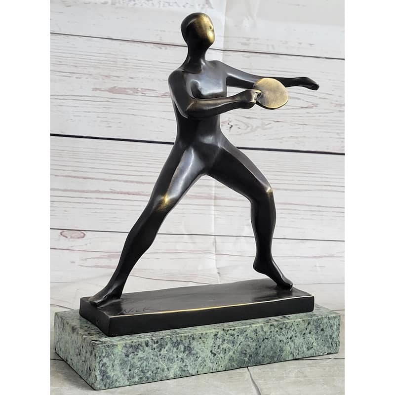 Ping Pong Bronze Metal Sculpture Statue Trophy Figure On Green Marble Base