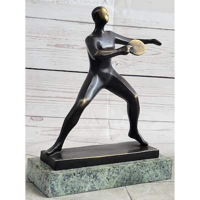 Ping Pong Bronze Metal Sculpture Statue Trophy Figure On Green Marble Base