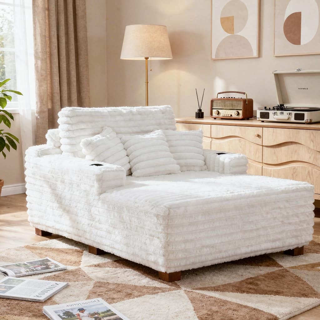 53" W Oversized Plush Corduroy Chaise Lounge Indoor Sofa with Pillows