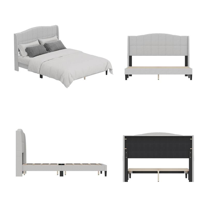 Upholstered Platform Bed Frame with Wingback Headboard and Wooden Slats
