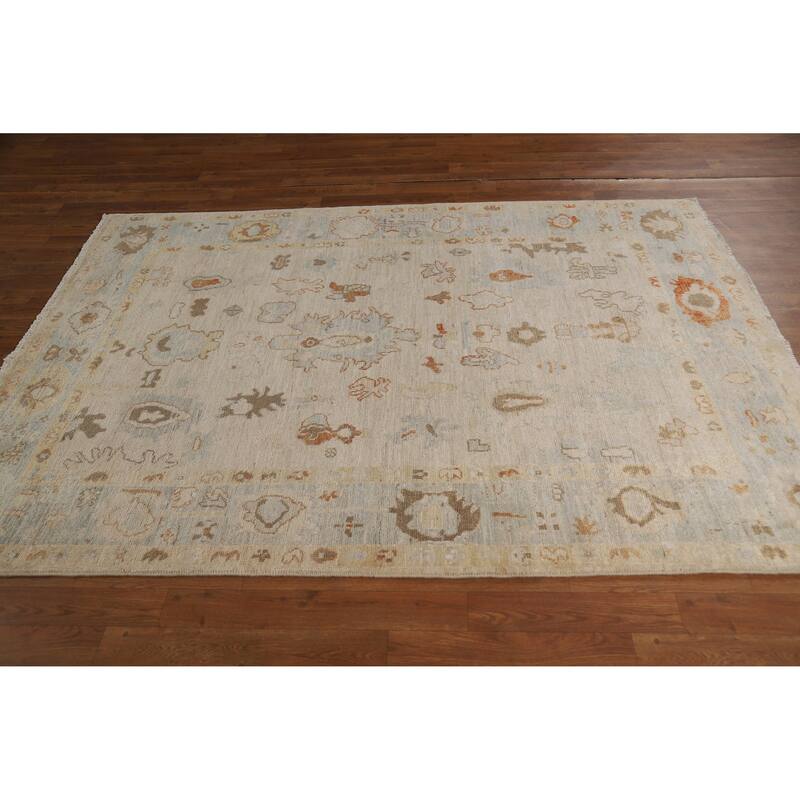 Vegetable Dye Oushak Turkish Rug Handmade Beige Wool Carpet - 5'0"x 7'7"