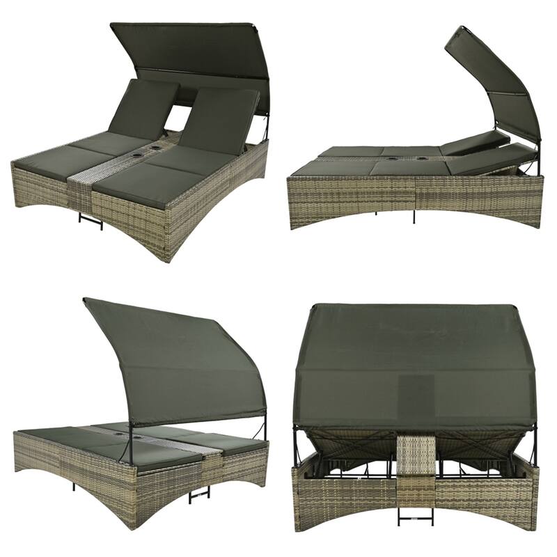 Outdoor Rattan Sun Daybed with Shelter Roof with Adjustable Backrest
