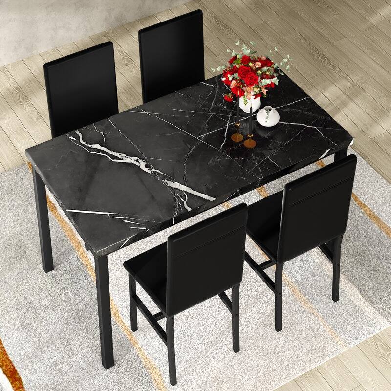Faux Marble Kitchen Table And Chairs For 4, 4 - Person Dining Set For Small Spaces, Breakfast Nook, Living Room