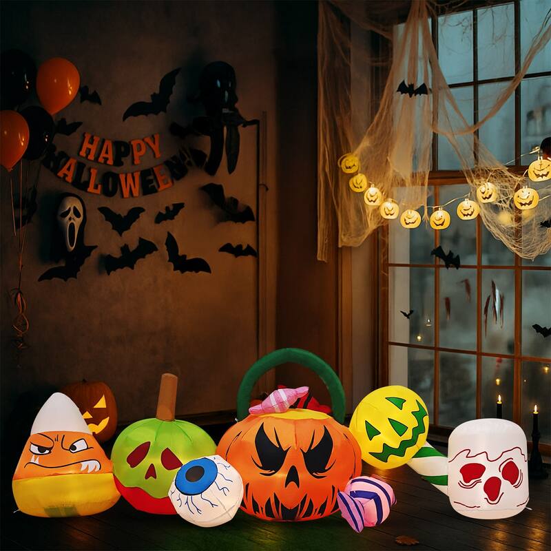 8FT Halloween Inflatable Outdoor Decoration with Ghosts Pumpkins Candy and LED Lights