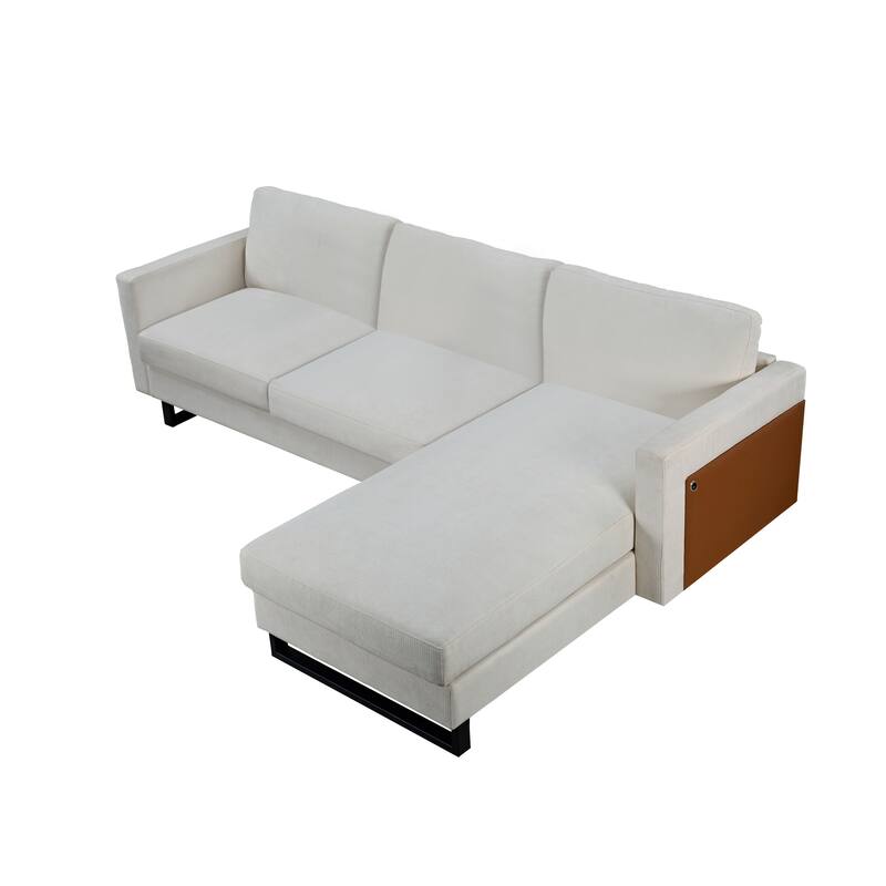 White 100'' L-Shaped 3-Seater Sectional Sofa with USB Ports, Reversible Armrests, Perfect for Living Room, Dorm, or Office