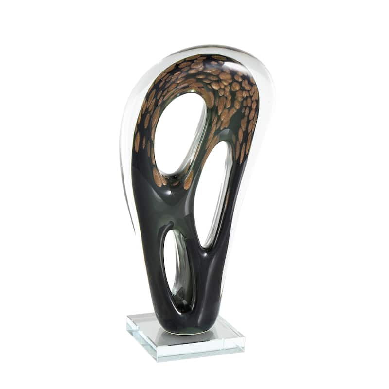 Black Glass Curved Cutout Abstract Decorative Sculpture with Gold Spotted Accents