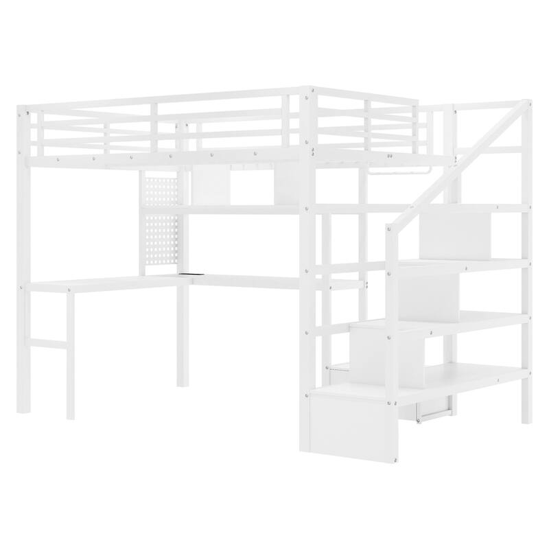 Full Size Metal Loft Bed with LED Light & Charge Station and Wardrobe - White