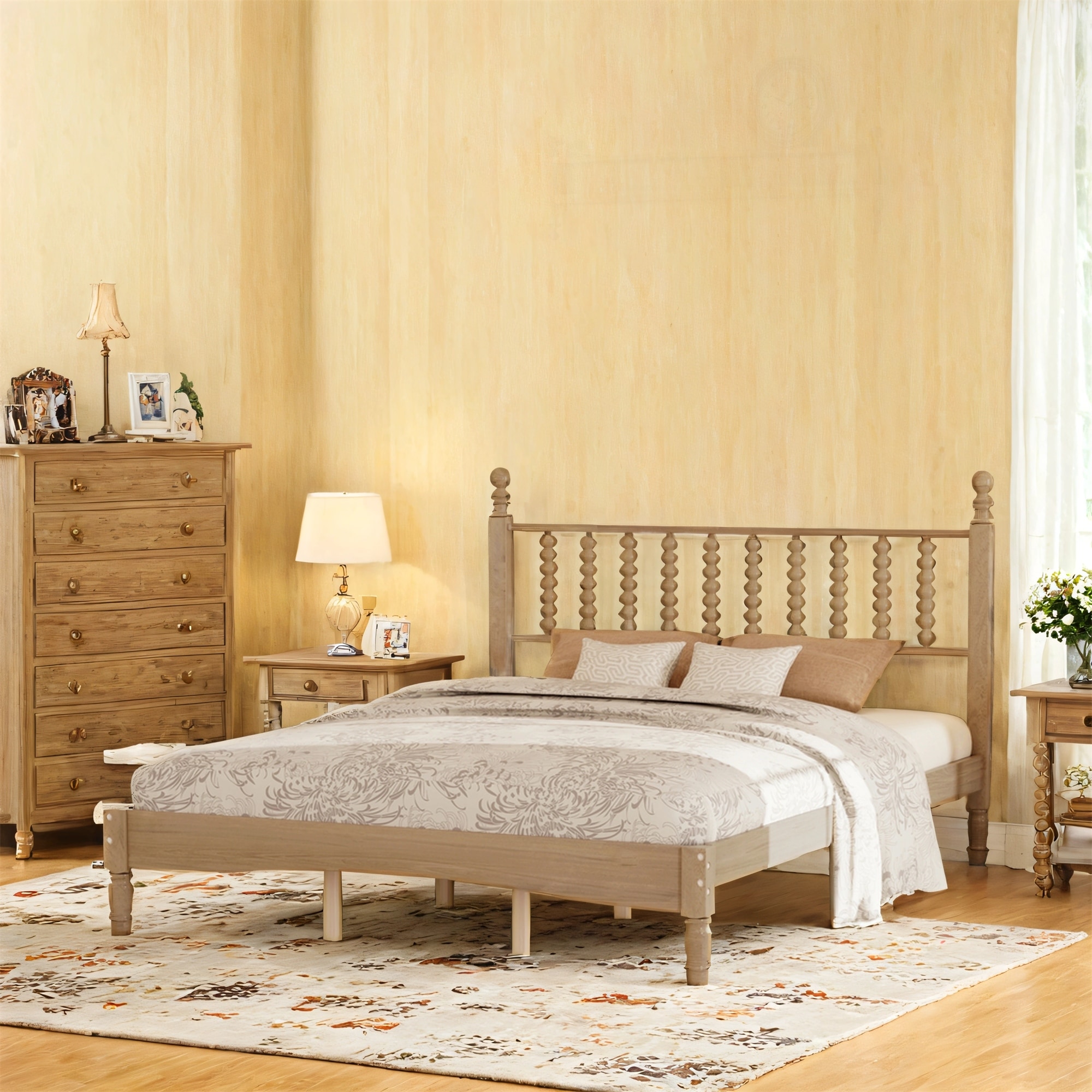 Retro Style Queen Size Wood Platform Bed with Gourd Shaped Headboard