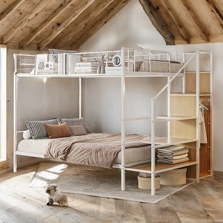 Metal Twin Over Full Bunk Bed with Storage and Wardrobe