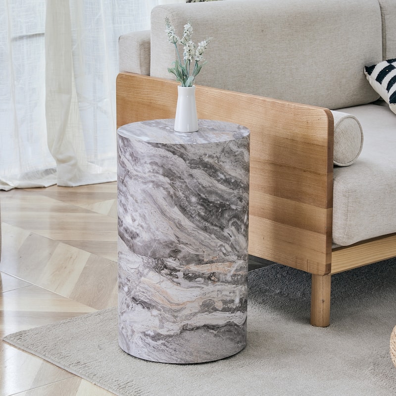 GDFStudio Lysander Grey Marble Textured Cylindrical Side Table