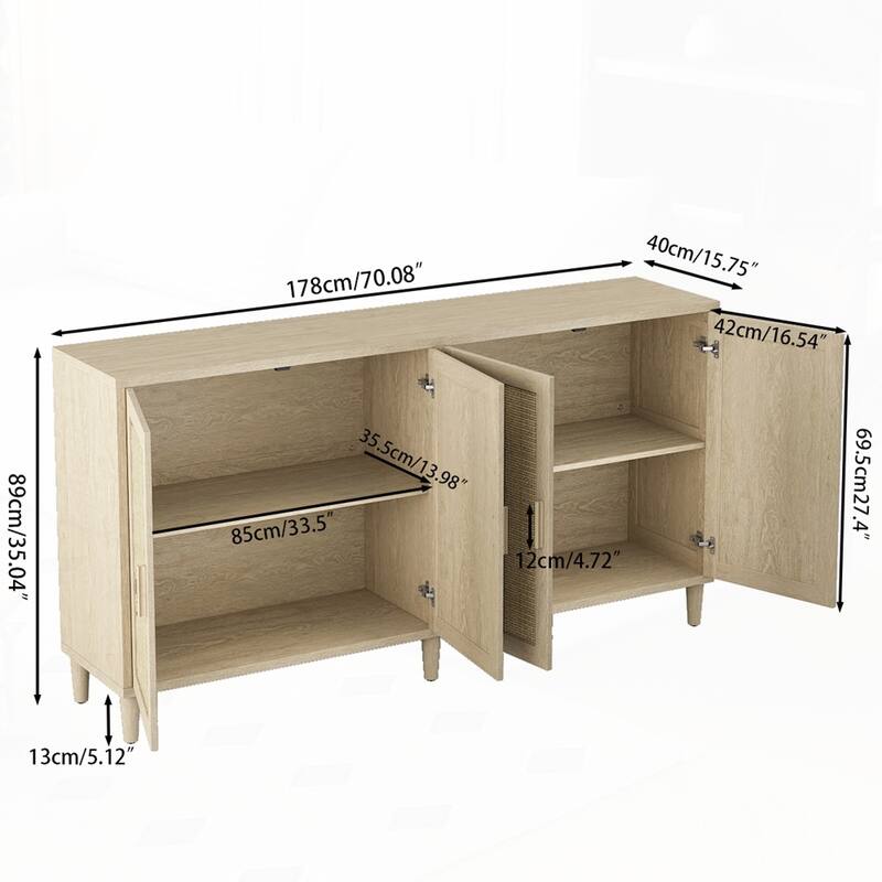 4-Door Rattan Sideboard Buffet Cabinet with Adjustable Shelves