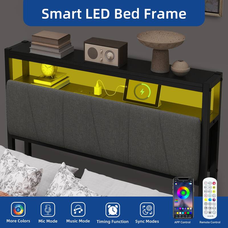 Storage Upholstered Platform Bed with LED Lighting Included and Built In USB Port