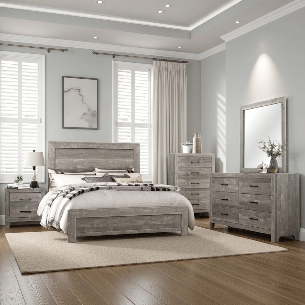 Ko Four Piece California King Size Bedroom Set, Panel Detailings, Black Metal Handles, Rustic Gray