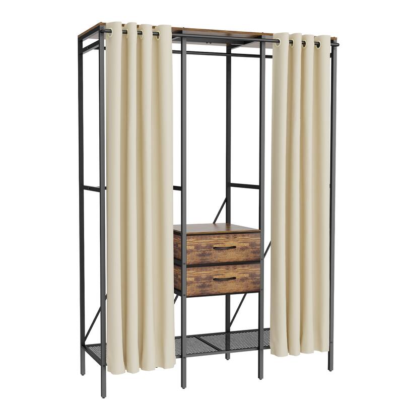 Industrial Large Clothes Rack Organizer with Drawers and Curtain