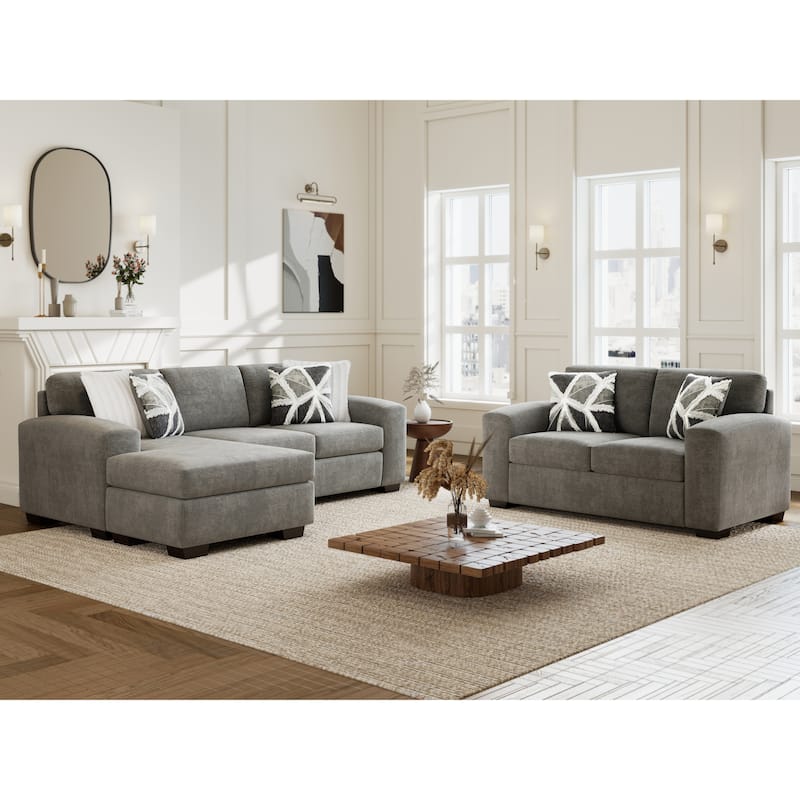Roundhill Furniture Arden Living Room Sofa Set with Convertible Sofa Chaise and Loveseat, Posh Gray