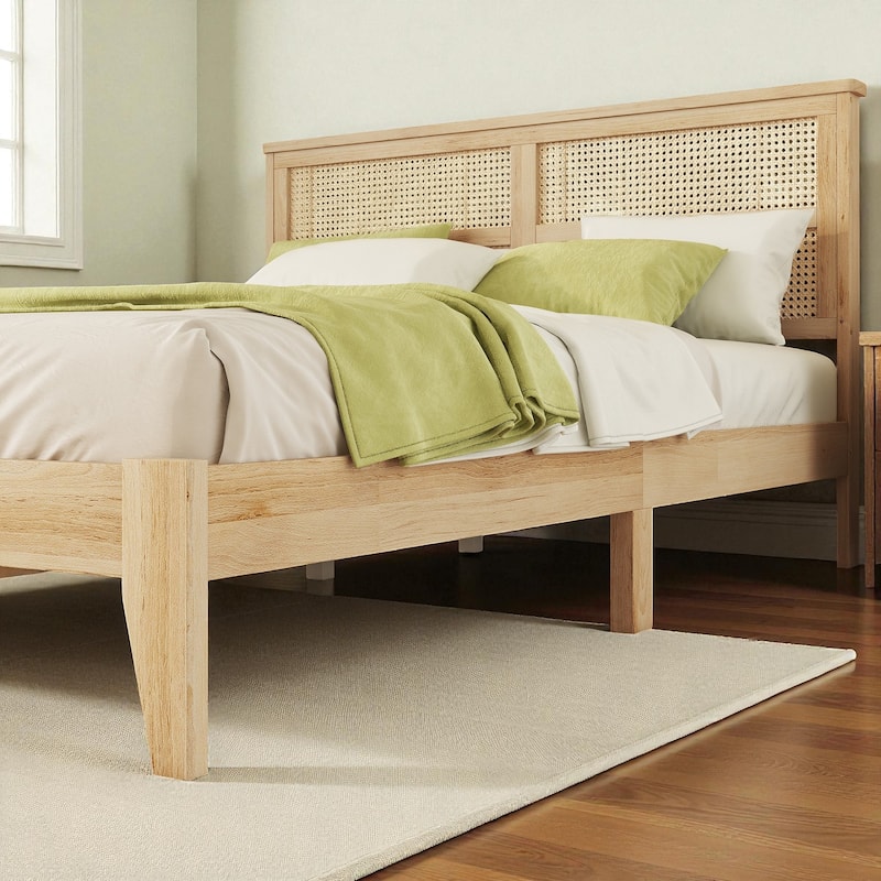Queen Size Solid Rubber Wood Bed with Rattan Headboard, Durable Frame with Central Support Feet and Under-Bed Storage