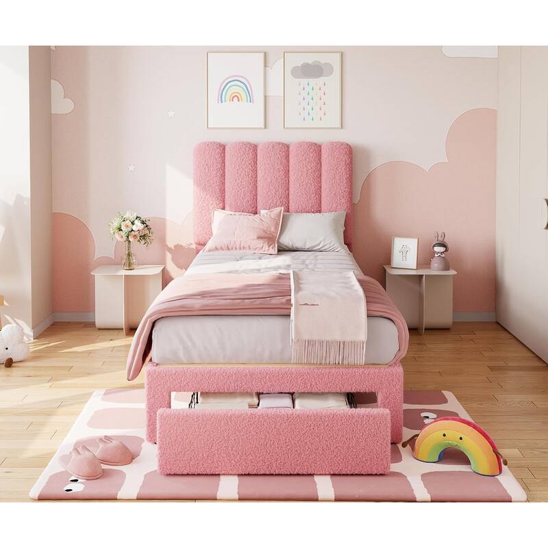 Twin Velvet Upholstered Platform Bed Frame with Wave Headboard & Drawer, No Box Spring Needed, Wood Slats, Noiseless