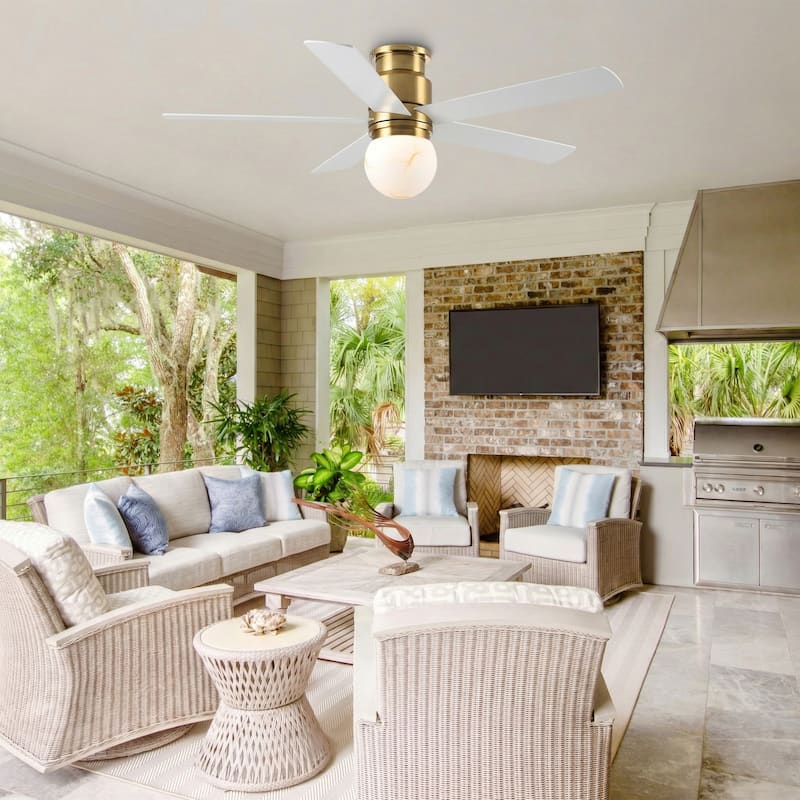 52" Modern Plating Gold Globe Glass Flush Mount Ceiling Fan with Light and Remote